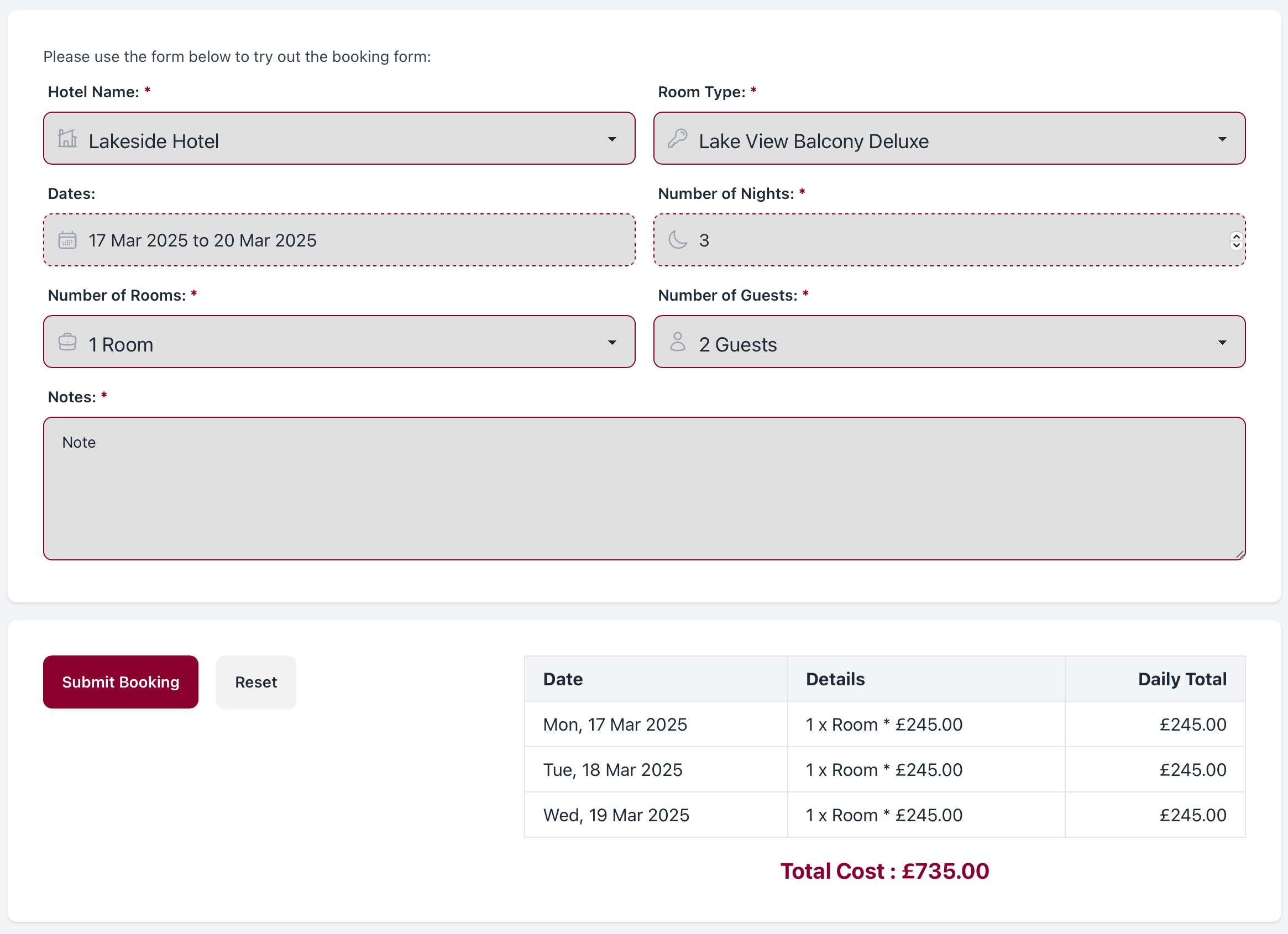 Livewire booking form demo